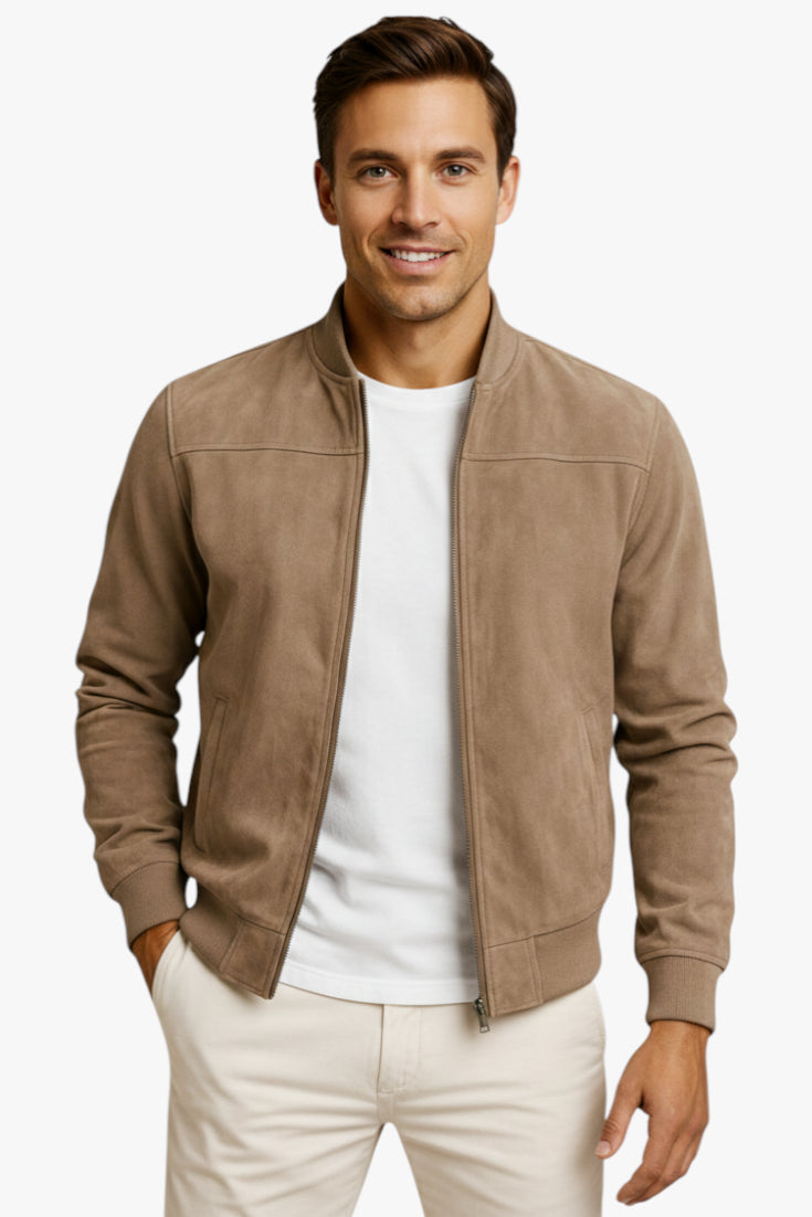 Men's Beige Bomber Jacket with Zip-Up and Crew Neck