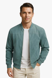 Men's Beige Bomber Jacket with Zip-Up and Crew Neck