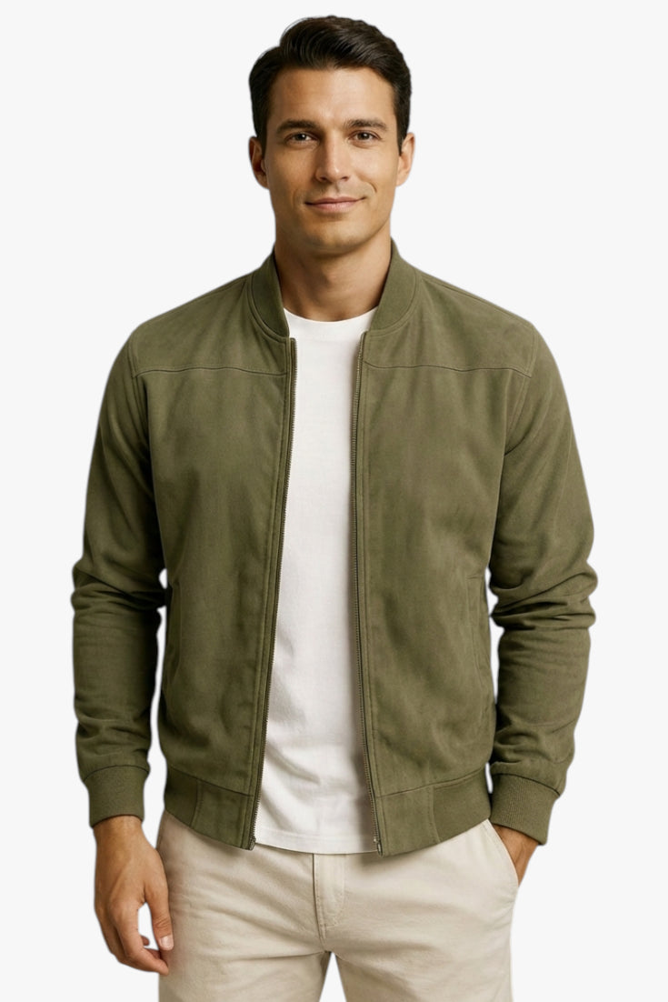 Men's Beige Bomber Jacket with Zip-Up and Crew Neck