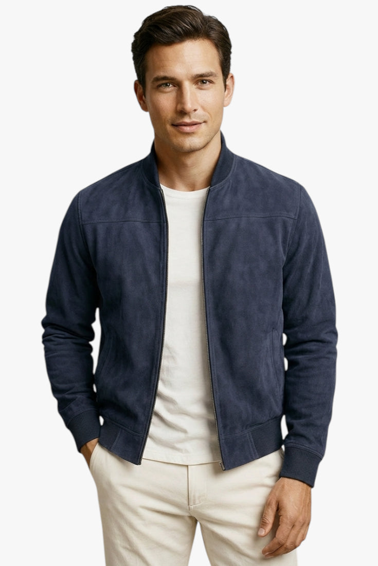 Men's Beige Bomber Jacket with Zip-Up and Crew Neck