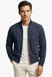 Men's Beige Bomber Jacket with Zip-Up and Crew Neck