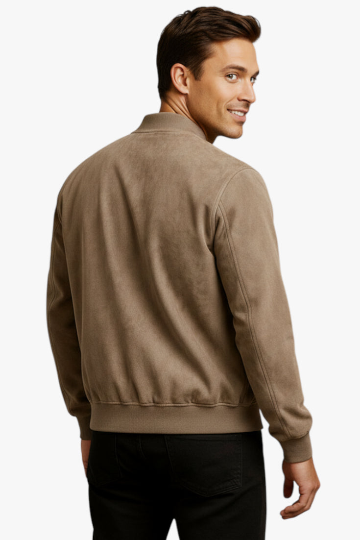 Men's Beige Bomber Jacket with Zip-Up and Crew Neck