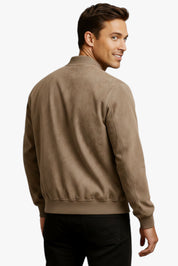 Men's Beige Bomber Jacket with Zip-Up and Crew Neck
