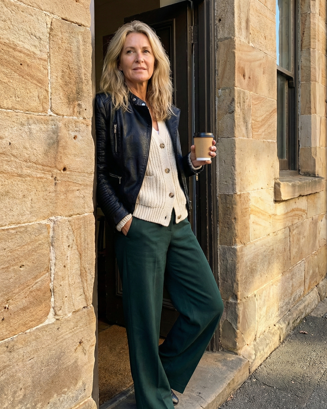 Woman standing outside a stone building holding a coffee cup